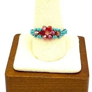 HAND CRAFTED Turquoise and Red Beaded Ring